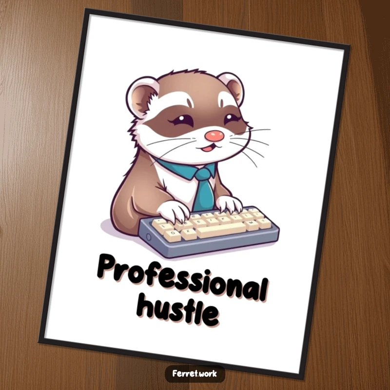 Funny ferret poster of a tie-clad ferret intensely focused on typing furiously at a keyboard, motivating work.