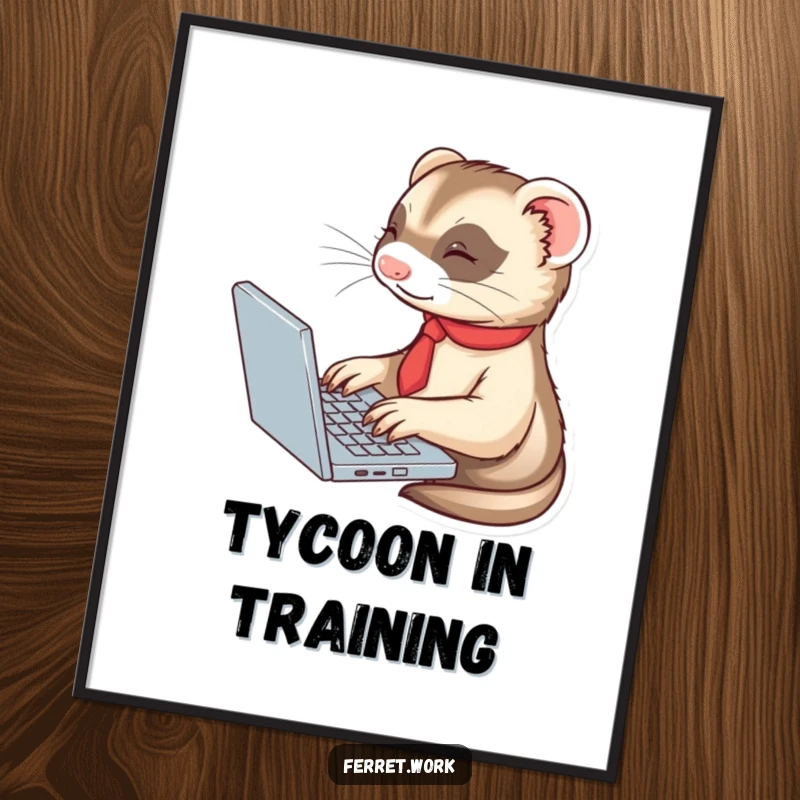 Funny ferret in a tiny tie, typing enthusiastically on a laptop, presented as humorous wall art.