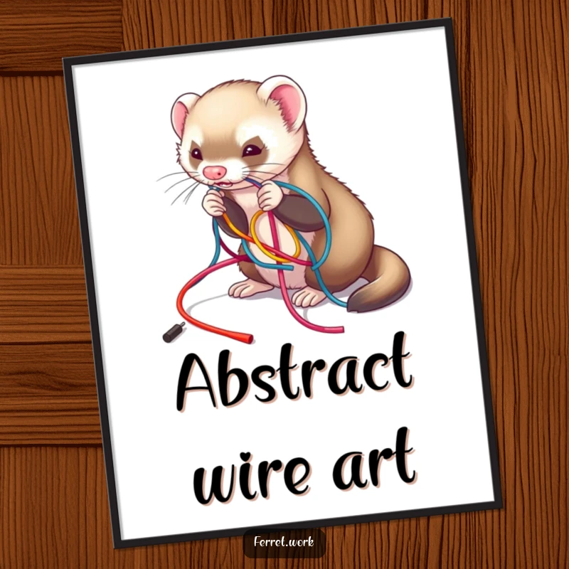 Funny poster print of a ferret playfully untangling a complex mess of colorful wires, symbolizing charming chaos, funny gift.