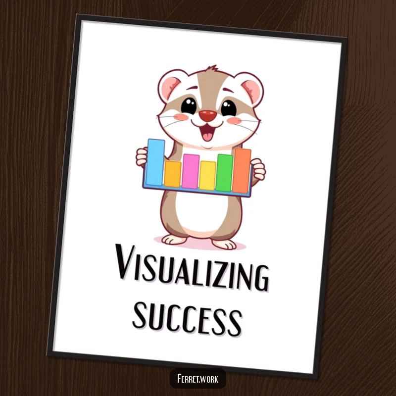 Funny kawaii ferret character enthusiastically presenting a colorful bar graph, adding a humorous and artistic touch to decor.