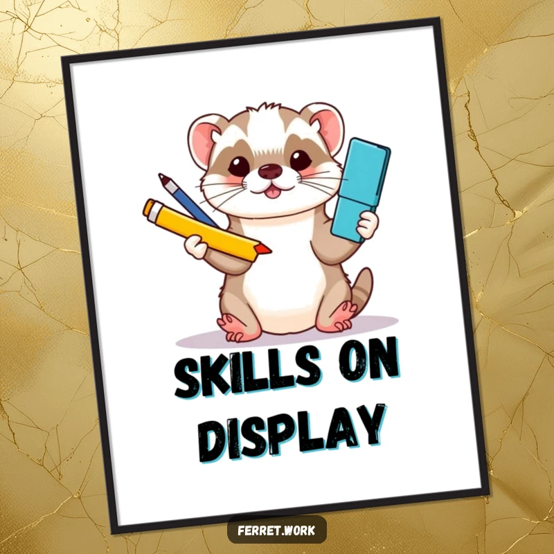 Funny kawaii office ferret juggling three colorful office supplies with its paws, presented as a lively poster.