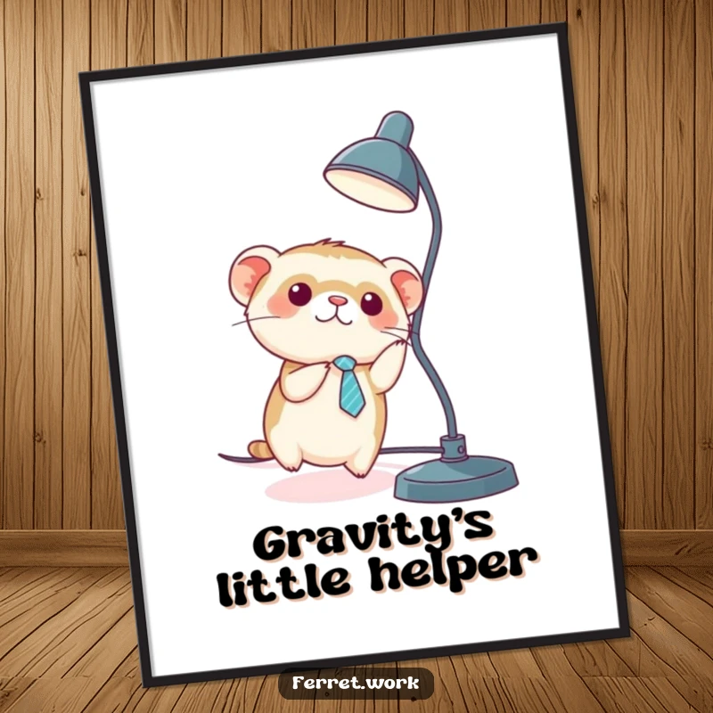 Funny kawaii office ferret wearing a tiny tie, sliding down a desk lamp cord, as a vibrant poster.