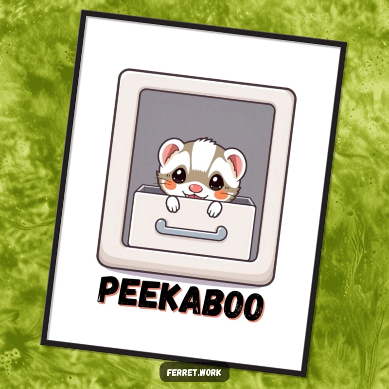 Funny kawaii office ferret hiding in a file cabinet, creating a humorous and cute poster.