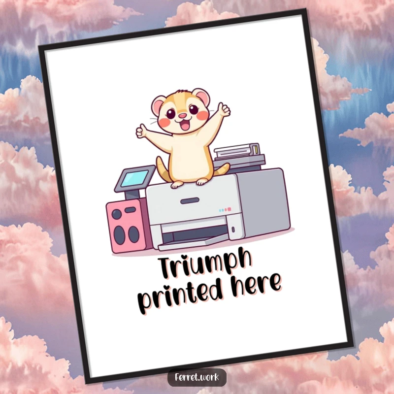 Funny kawaii office ferret doing a silly victory dance atop an office printer, a humorous and celebratory wall art piece.