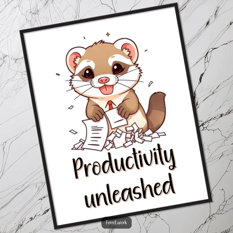 Funny kawaii office ferret with a mischievous grin enthusiastically shredding papers, presented as a vibrant poster.