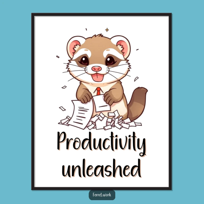 Funny Kawaii Office Ferret Shredding Documents Poster - Quirky Wall Art Gift