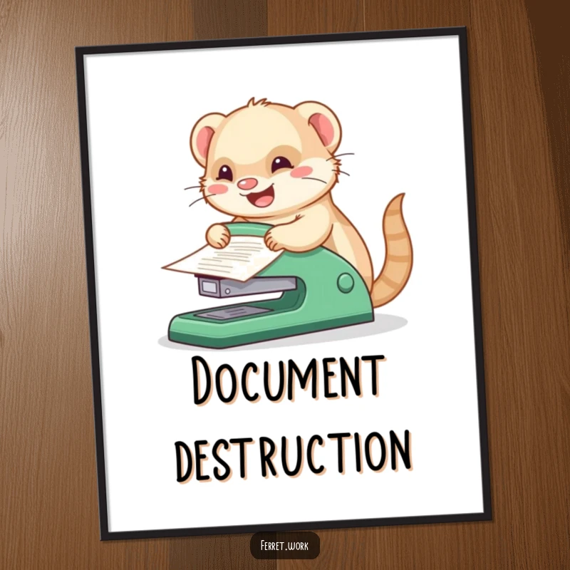 Funny kawaii office ferret joyfully stapling papers with a comically large red stapler, a humorous and motivational poster.