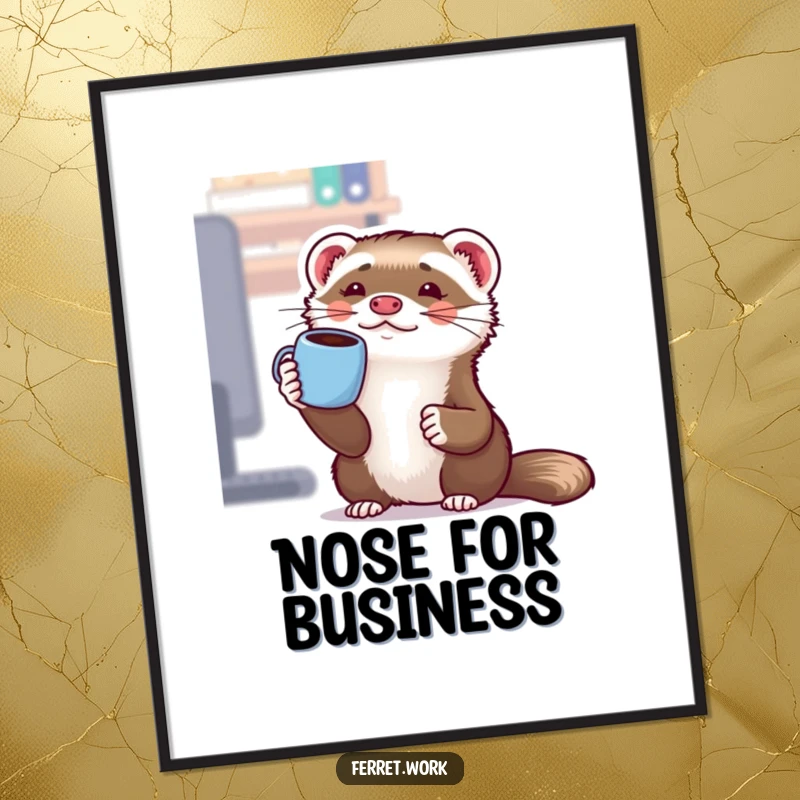 Funny Kawaii Office Ferret Poster: A cute ferret hilariously balances a coffee mug on its nose, adding humor to any workspace.