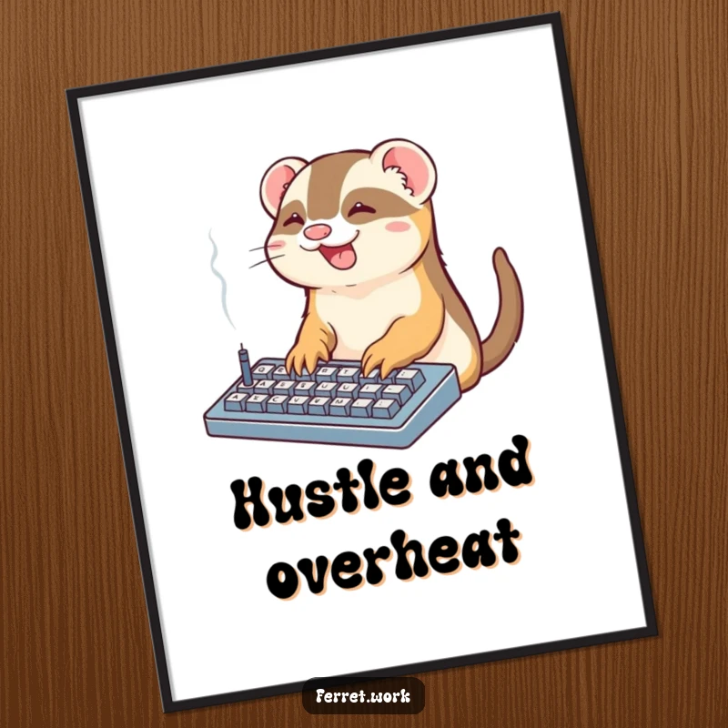 Funny Office Ferret Poster: A kawaii ferret gleefully types on a smoking keyboard, a humorous piece of office-themed art.