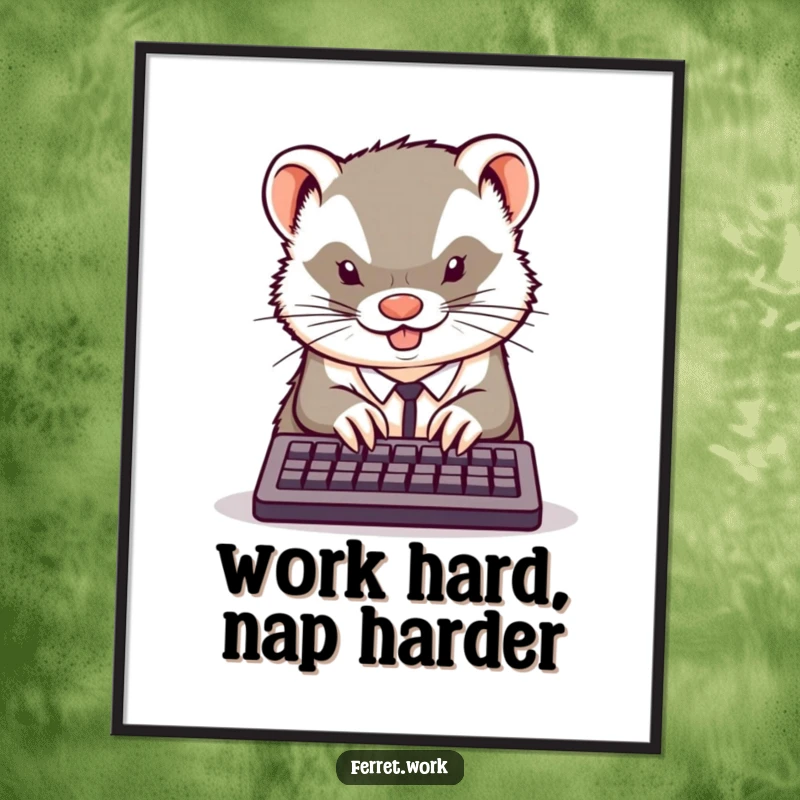 Funny kawaii office ferret typing furiously on its tiny keyboard with fierce concentration, creating motivational wall art.