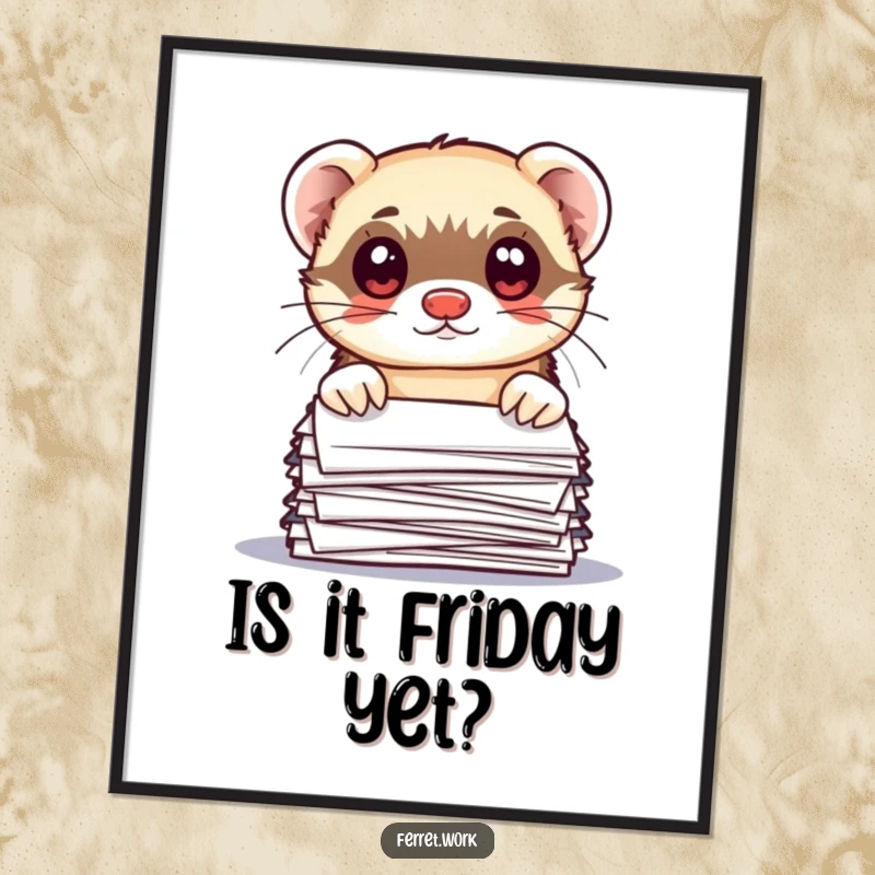 Funny kawaii office ferret peeking over a stack of papers with wide, innocent eyes, creating humorous wall art.