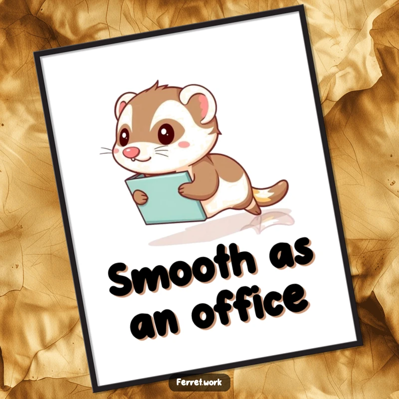 Funny Kawaii Office Ferret Poster: A cute ferret comically slides on a file folder across a shiny floor, adding humor to any workspace.