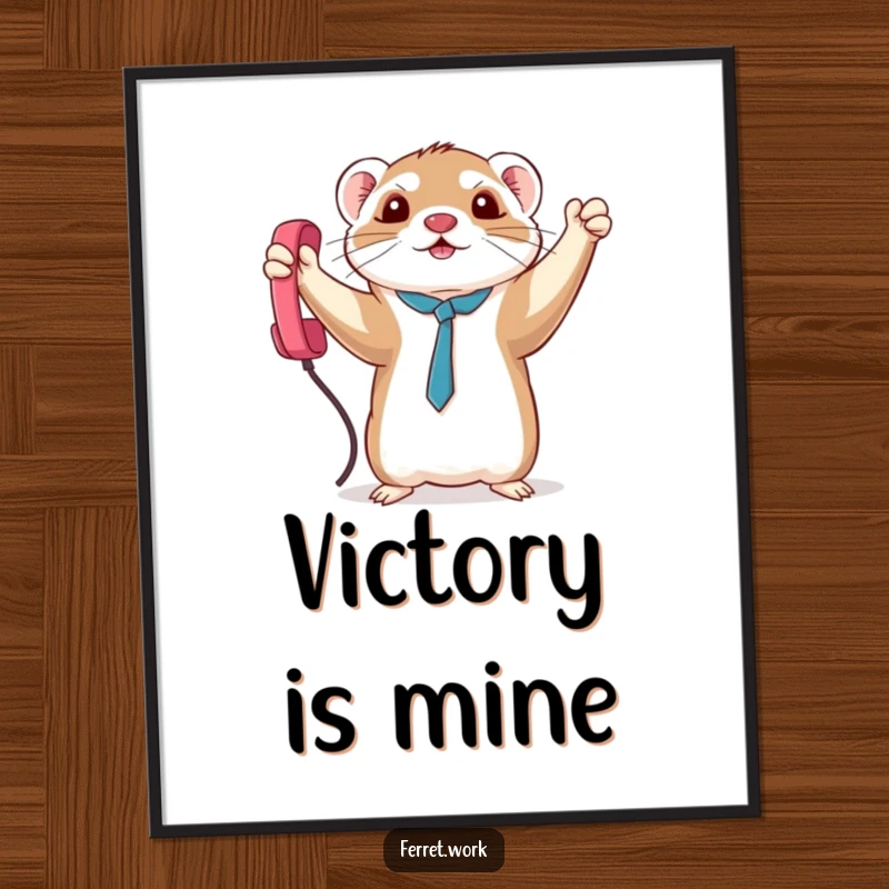 Funny triumphant kawaii office ferret holding aloft a phone cord, a humorous and inspiring poster.