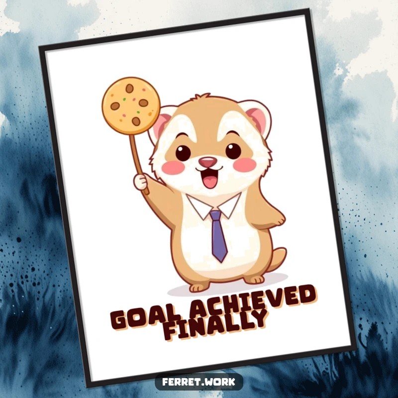 Funny kawaii office ferret triumphantly holding up a single delicious cookie, presented as a delightful poster.