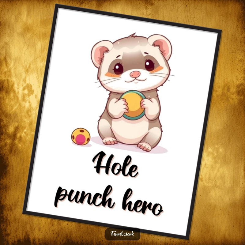 Funny poster featuring a ferret playfully attempting to use a hole punch as a toy, a humorous and imaginative scene.