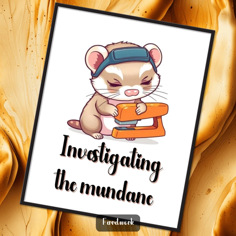 Funny ferret wearing a headlamp, curiously sniffing a stapler, presented as humorous wall art.