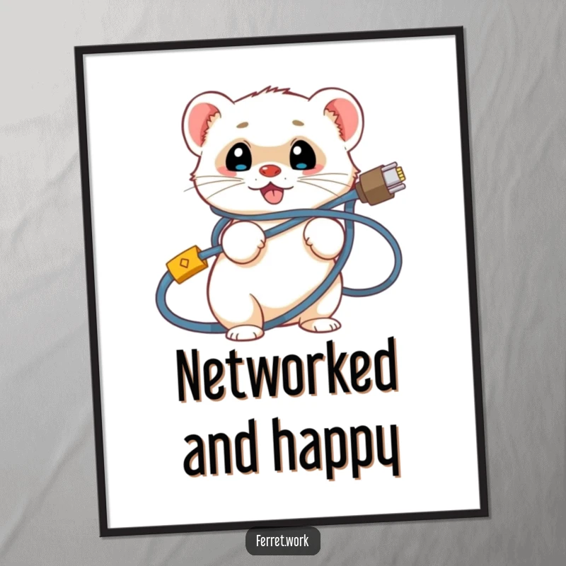 Funny ferret poster illustrating a smiling ferret hilariously ensnared within a dense network of computer cables. Tech art.