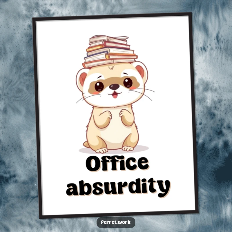 Funny ferret poster of a ferret humorously burdened by a teetering stack of papers on its head.