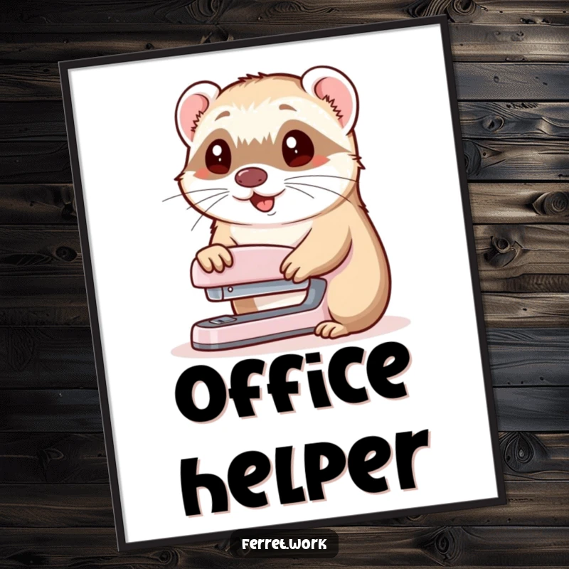 Funny poster showing a ferret offering a stapler with a cheerful nod, perfect for humorous office-themed wall art.