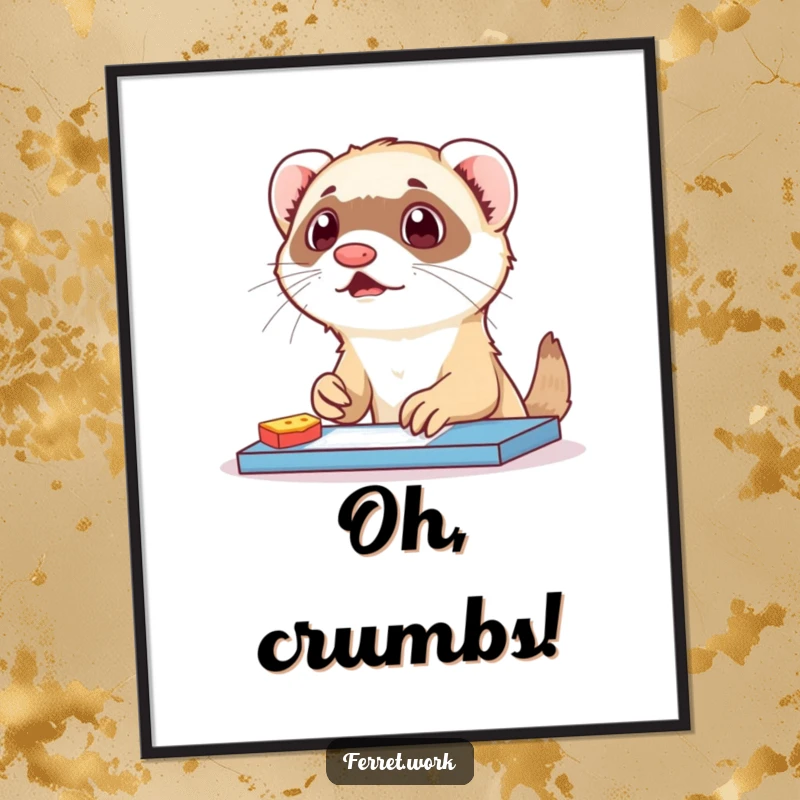 Funny ferret poster capturing a surprised ferret mid-snack at a desk. Hilarious wall art for pet lovers.