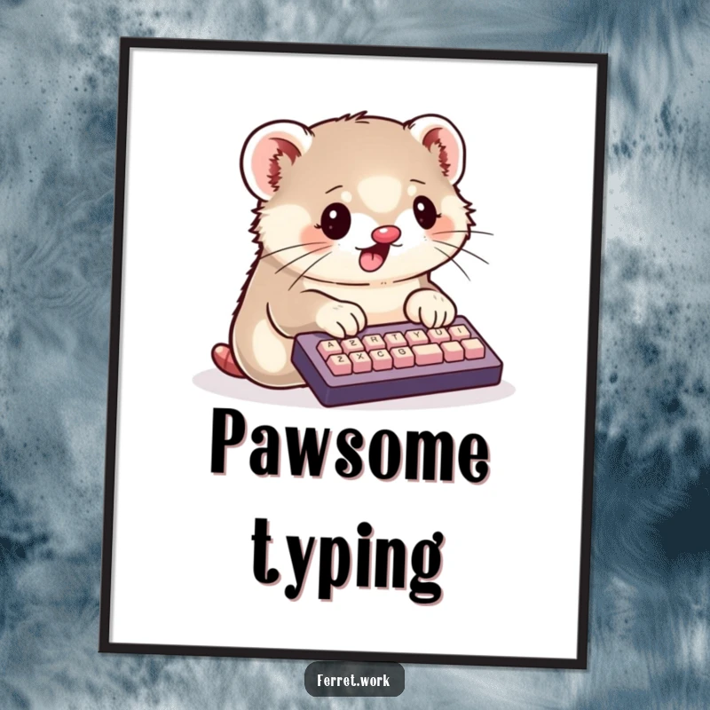 Funny Poster of a kawaii ferret enthusiastically typing on a mini keyboard with its paws, cute and inspiring wall art.
