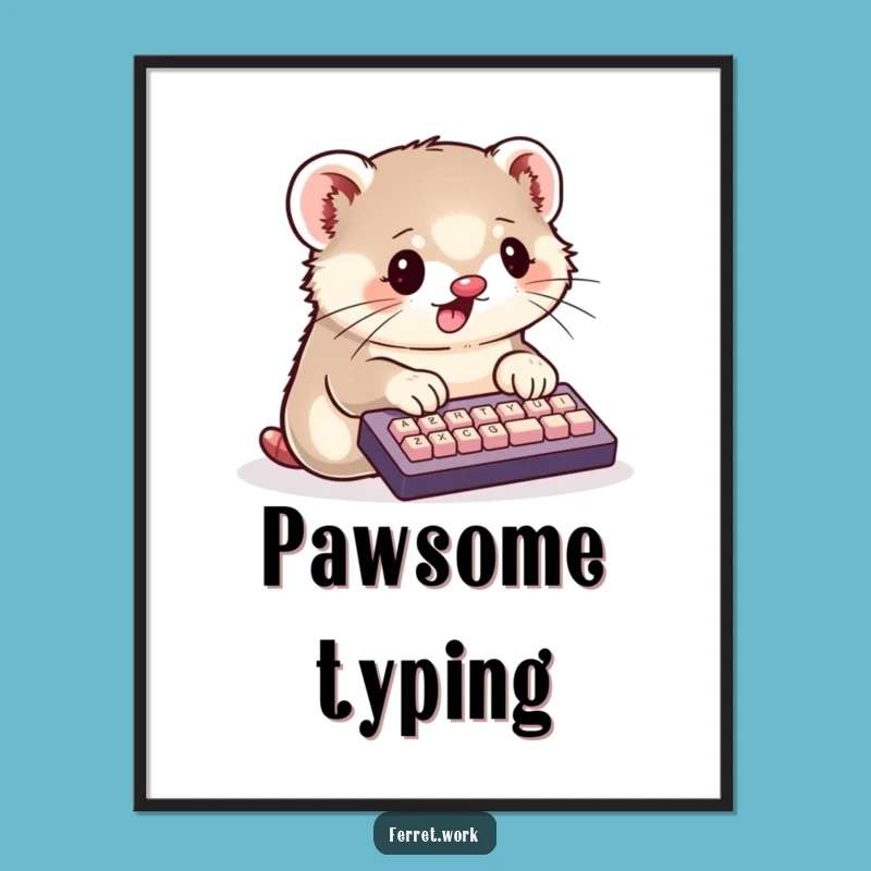 Funny Kawaii Ferret Poster: Busy Typist Cute Animal Art