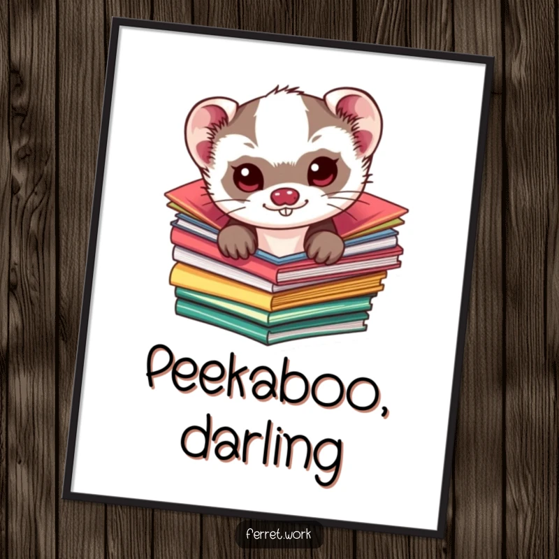 Funny kawaii ferret poster, a mischievous cute ferret peeking from a stack of colorful folders, creating charming and humorous wall art.