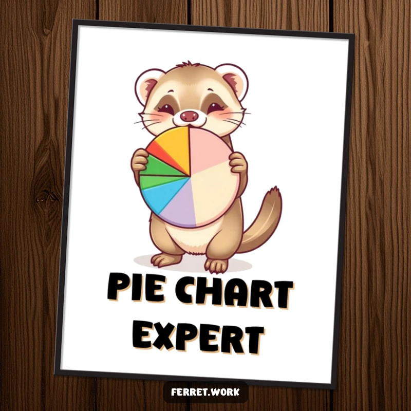 Funny poster art of a cheerful ferret enthusiastically presenting a vibrant pie chart, adding a humorous touch to any room decor.