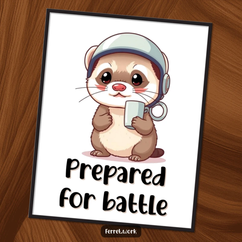 Funny kawaii office ferret wearing a coffee mug as a tiny helmet, looking ready, presented as a bold poster.