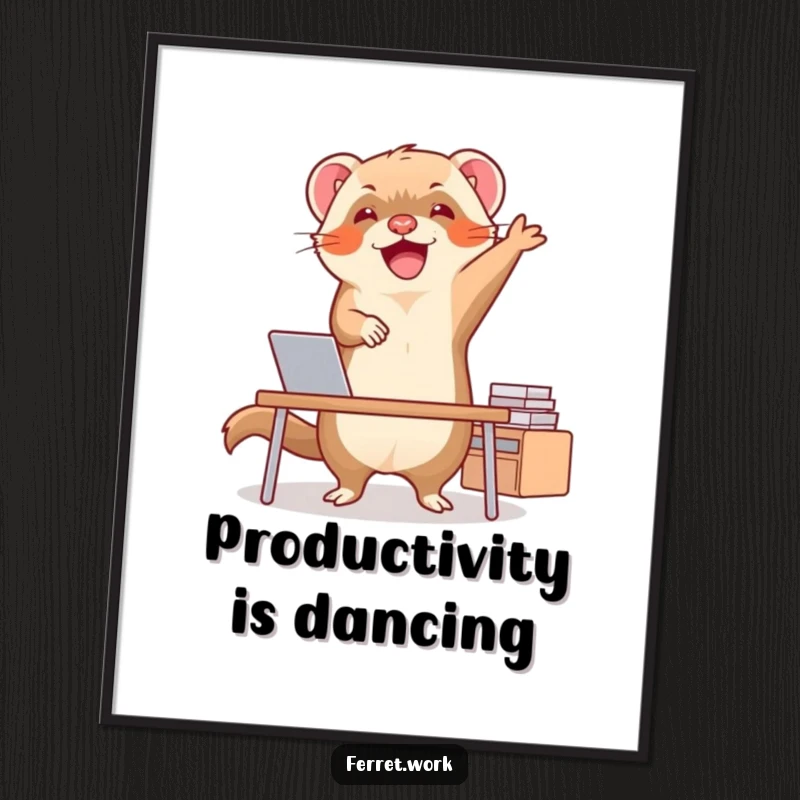 Funny ferret performing an ecstatic happy dance at a tiny desk, a vibrant and humorous artwork perfect for wall decoration.