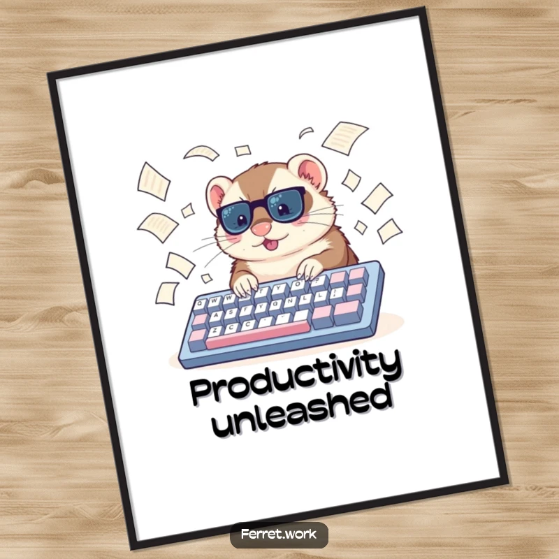 Funny ferret poster showing intense typing on a giant keyboard amidst floating papers, creating humorous office-themed wall art.