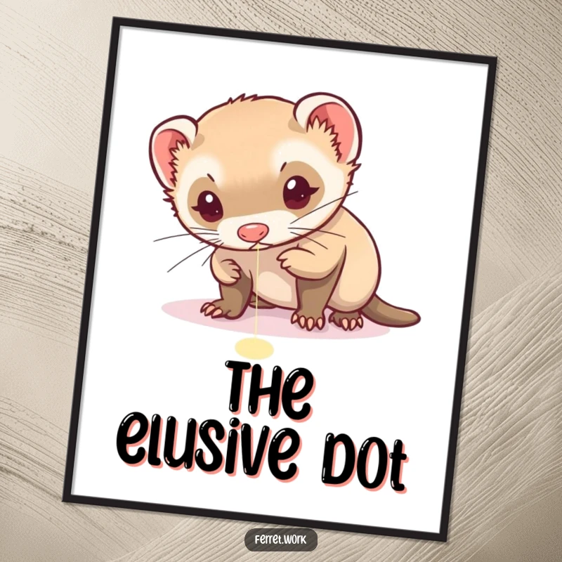 Funny poster print of a ferret with extreme focus, energetically chasing a bright red laser pointer dot.