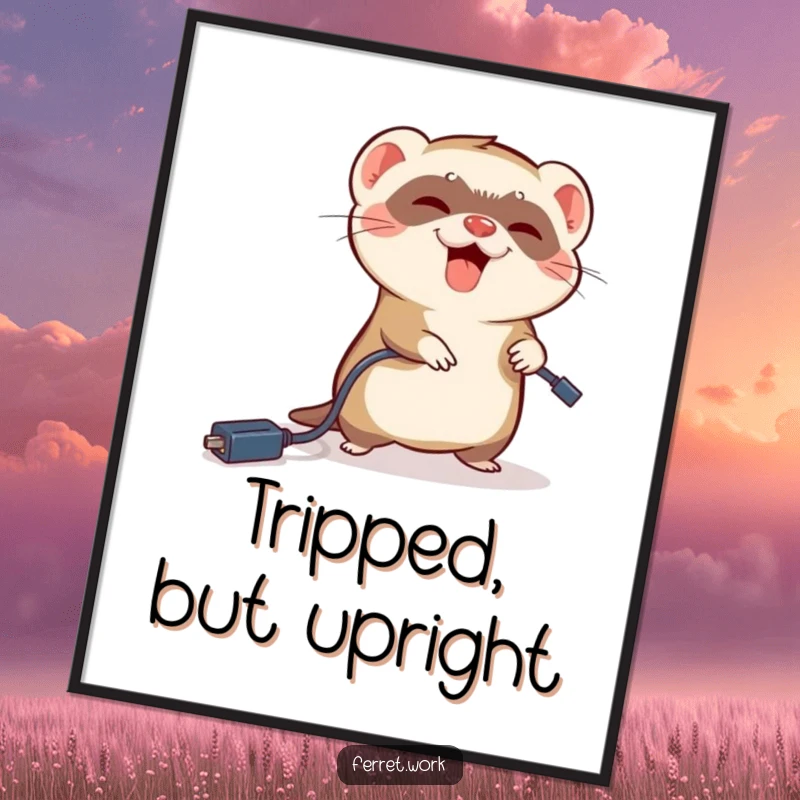 Funny ferret poster of a ferret comically tripping over a dangling electrical power cord, humorous decor.