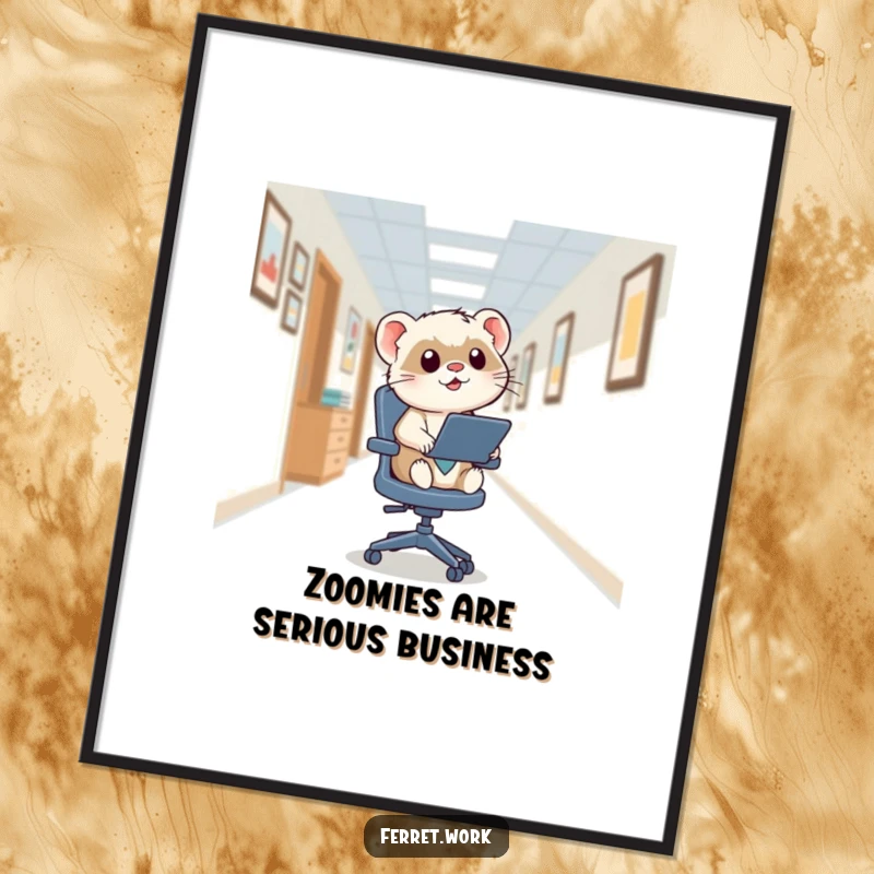 Funny kawaii office ferret in full zoom on a squeaky swivel chair, creating a hilarious and dynamic scene in an office hallway.