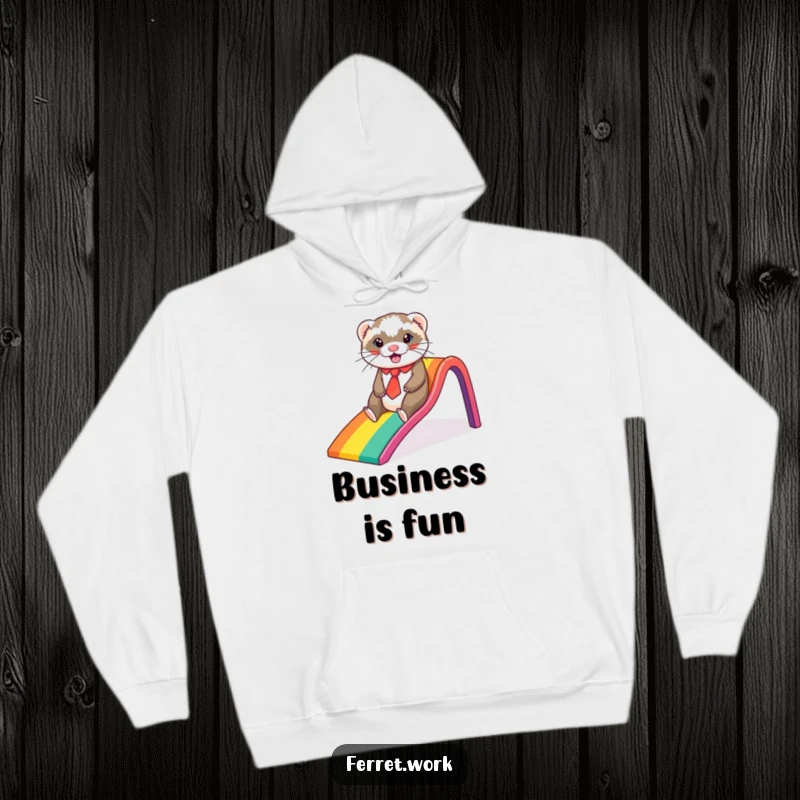 Funny ferret hoodie, a ferret in a tie sliding down a colorful rainbow slide, offering warmth and whimsical office humor.