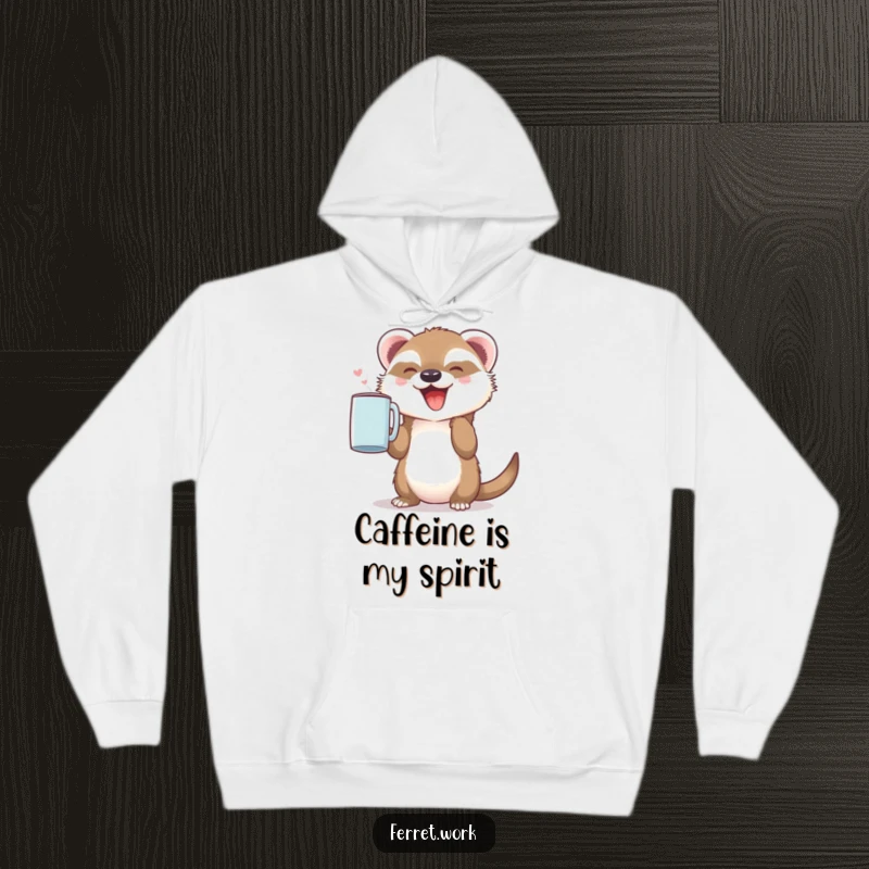 Cozy funny hoodie featuring a joyful ferret holding up a coffee mug, perfect for cold mornings and coffee lovers.