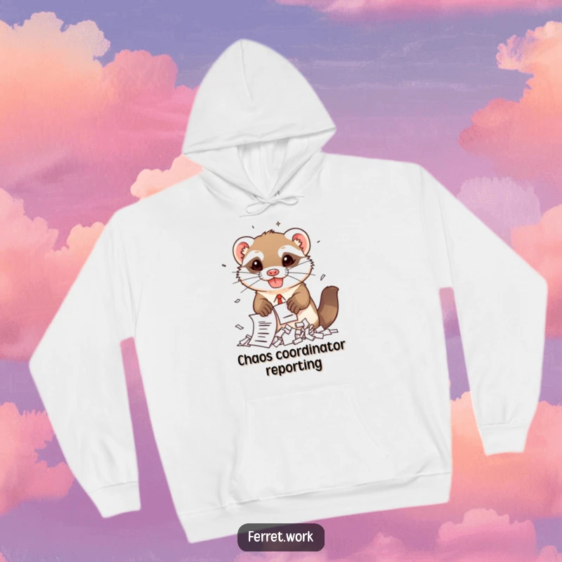 Funny kawaii office ferret with a mischievous grin, shredding papers enthusiastically on a cozy hoodie.