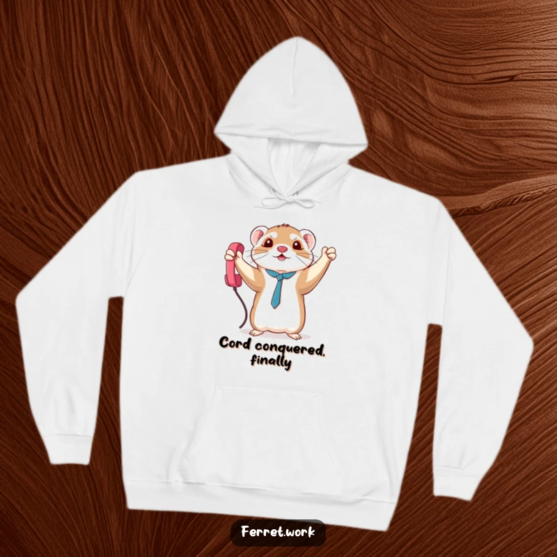 Funny triumphant kawaii office ferret holding a dangling phone cord, a cozy and humorous hoodie for the victorious.