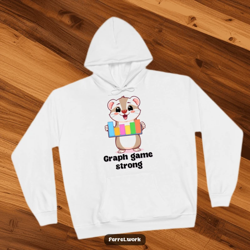Funny kawaii ferret character enthusiastically presenting a colorful bar graph on a cozy hoodie, ideal for winter.