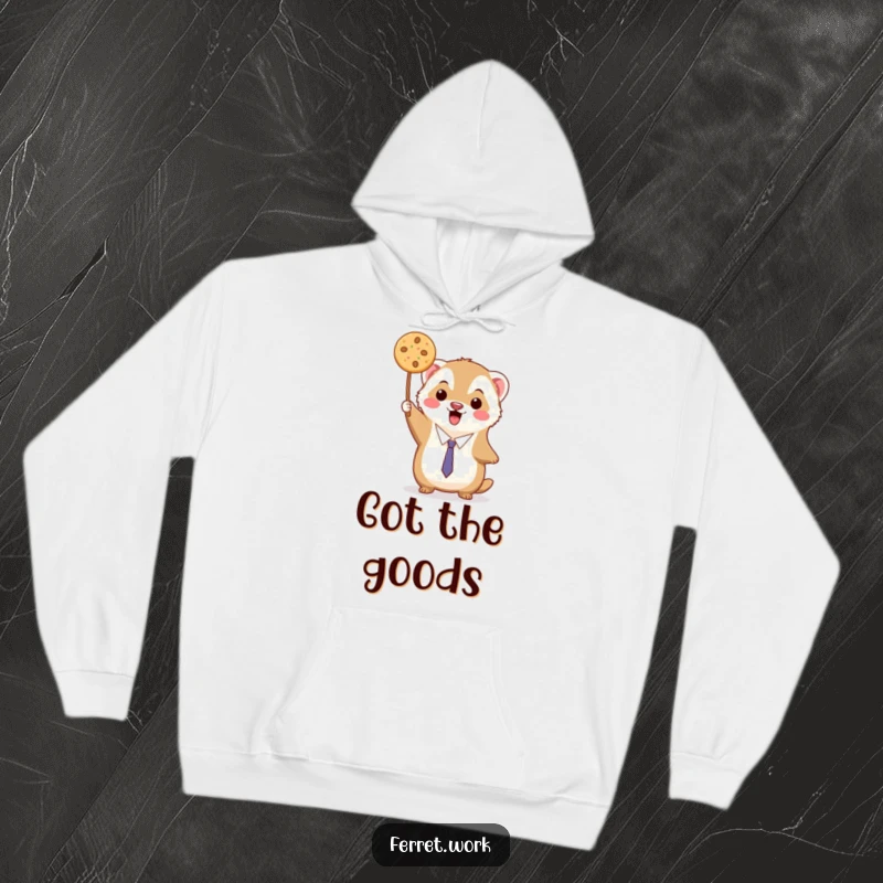 Funny kawaii office ferret triumphantly holding up a delicious cookie, featured on a soft hoodie.