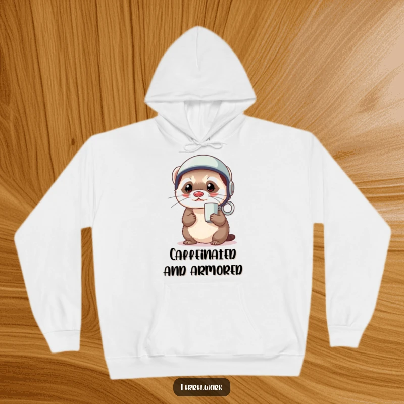 Funny kawaii office ferret wearing a coffee mug as a tiny helmet, looking ready, featured on a soft hoodie.