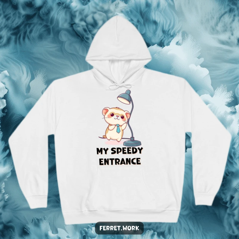 Funny kawaii office ferret in a tiny tie sliding down a desk lamp cord, featured on a warm hoodie.