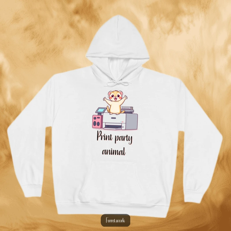 Funny kawaii office ferret doing a joyful victory dance on a printer, a humorous and cozy hoodie design.