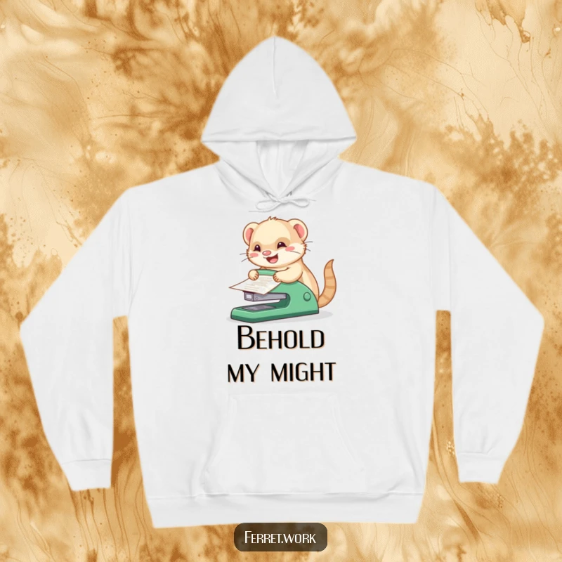 Funny kawaii office ferret joyfully operating a comically oversized stapler on papers, a humorous and comfortable hoodie design.
