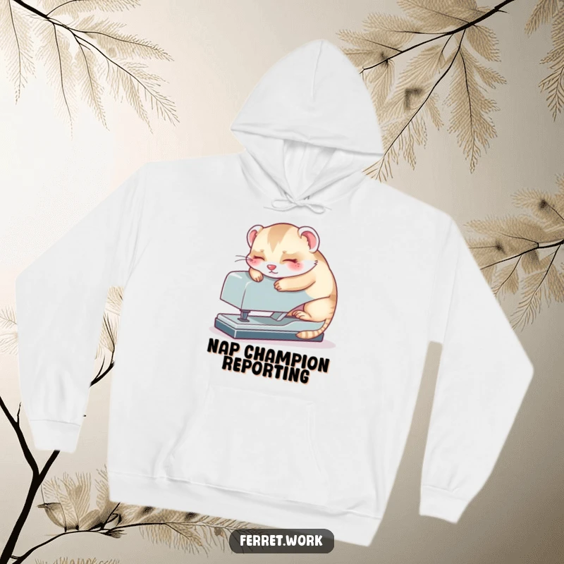 Funny kawaii office ferret sleeping on a big stapler, radiating cozy exhaustion. This humorous hoodie is perfect for chilly days and laughs.