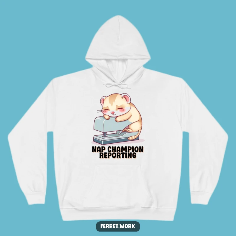 Cozy Funny Kawaii Office Ferret Stapler Nap Hoodie, Warm and Humorous Gift Idea