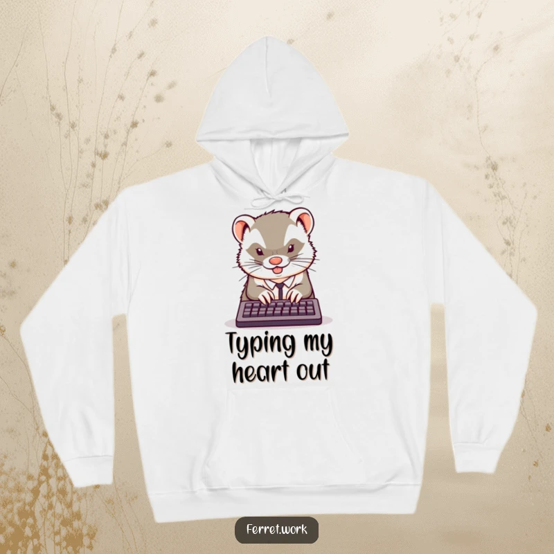 Funny kawaii office ferret typing intensely on a small keyboard, printed on a warm and humorous hoodie.