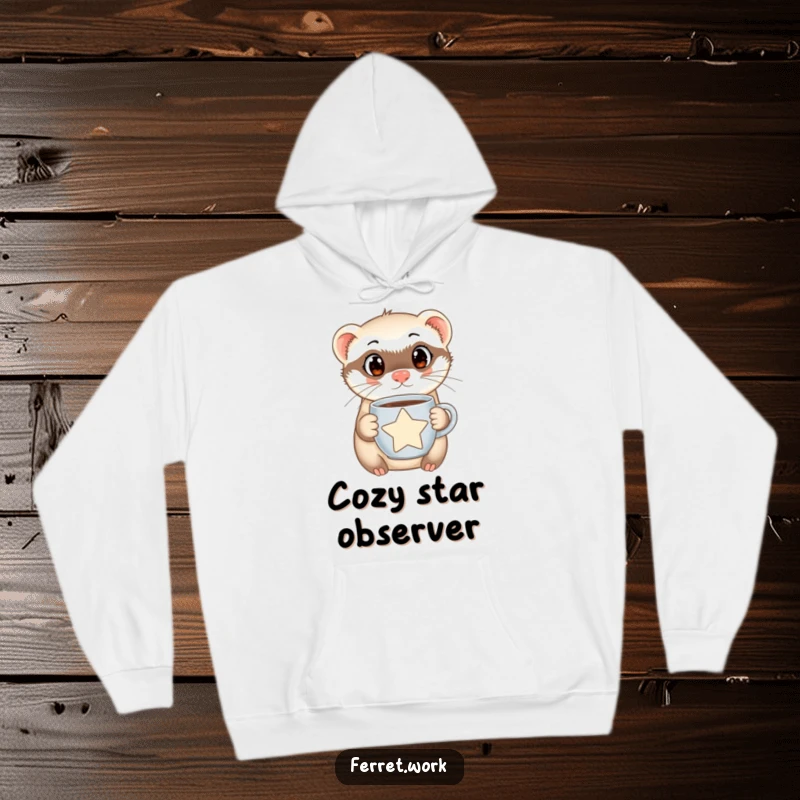 Funny Ferret Hoodie depicting a curious, big-eyed ferret holding a star-shaped coffee mug, offering warmth and humorous style.
