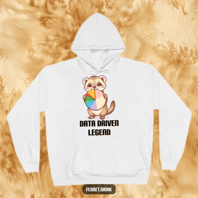 Funny hoodie showing a spirited ferret enthusiastically presenting a bright pie chart, ideal for cozy, humorous, and data-themed wear.