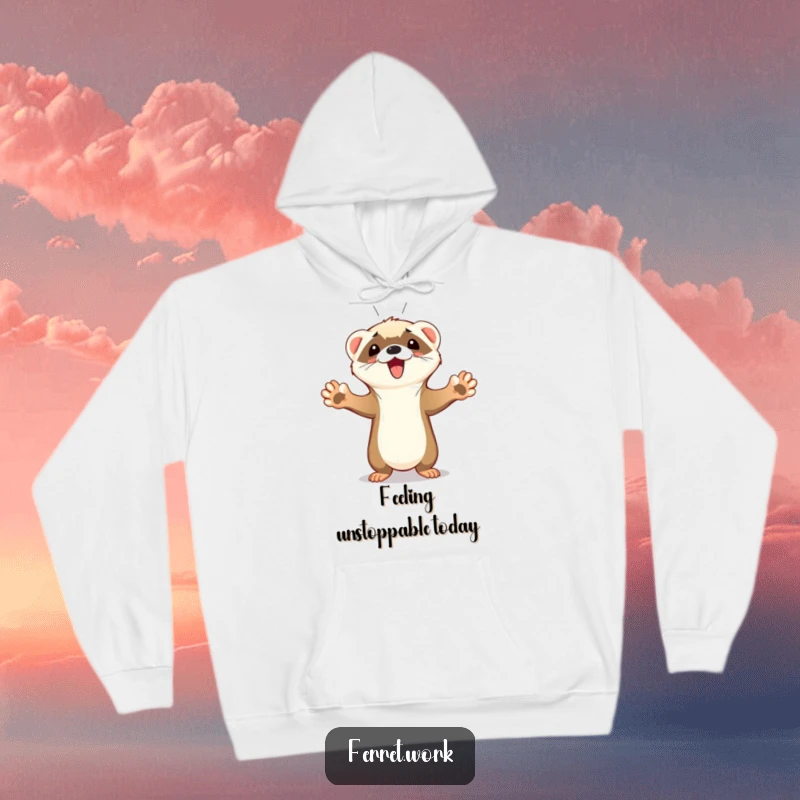 Funny Ferret Hoodie depicting a cute ferret with paws in the air, celebrating a victory with an excited squeak, perfect for cozy wins.